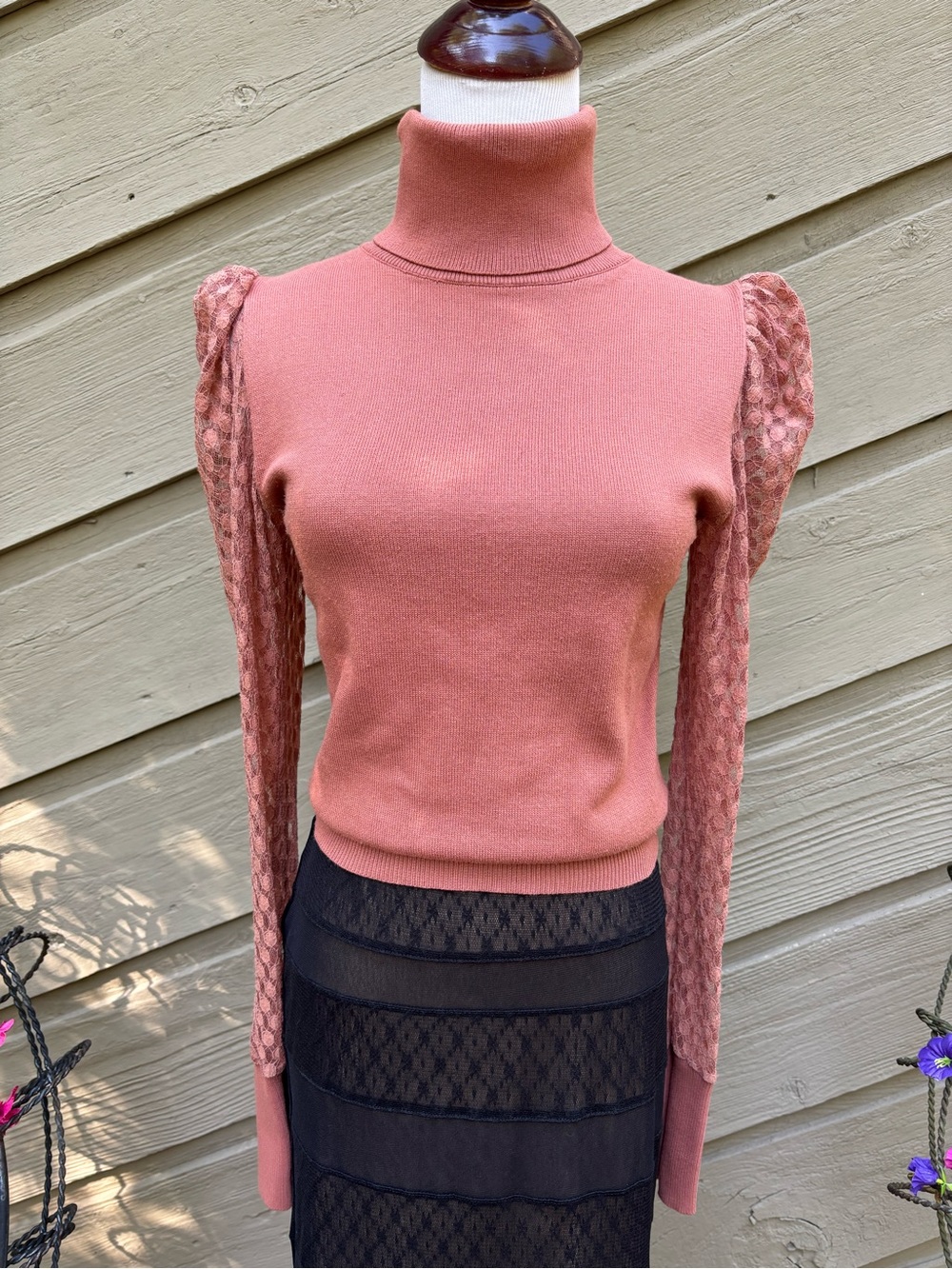 Love Tree Dusty Rose Turtleneck with Textured Puff Sleeves